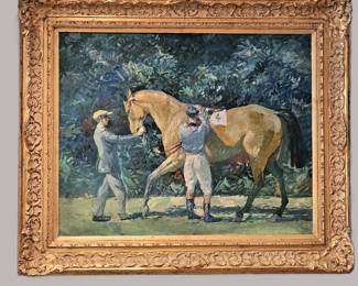 Original Oil Painting of Horse & Handlers in Ornate Gold Frame – 38” x 32”