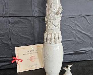 Tall Chinese Celadon Style Relief Vase w/ Figures & Dragon Motif + Vintage COA