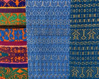 Hand-Woven Textile with Three Narrow Fabric Panels Featuring Metallic Thread