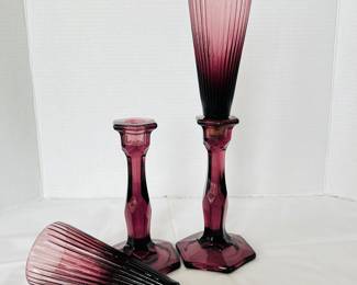 TV Lot #20- Vintage Pair of Amethyst Ombre Glass Candlesticks with Fluted Design