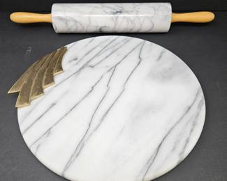 Marble Rolling Pin & 12" Marble Cheese Board w Brass Accent
