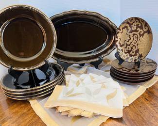 Pottery Barn Brown Dinner set and silk napkins