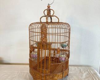 Intricately Carved Large Wooden Birdcage with Ceramic Jars