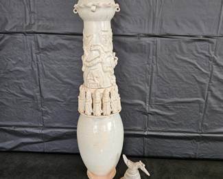 Tall Chinese Celadon Style Relief Vase w/ Figures & Dragon Motif + Vintage COA