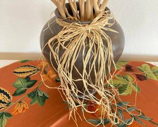 Asian Style Ceramic Vase with Raffia Tie and Beige Decorative Sticks