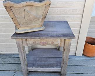Rustic Carved Wood Side Table w Drawer Shelf & Matching Sailboat Planter