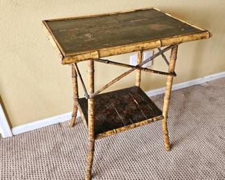 Vintage Faux Bamboo Side Table w/ Lower Shelf – Painted Top