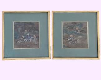 Pair Chinese Style Hand-Painted Fabric Panels w/ Figures & Horses Framed Art