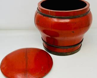 Antique Chinese Red Lacquer Rice Bucket – Qing Dynasty Wooden Grain Container