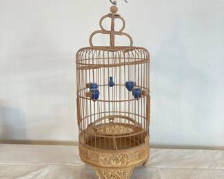 Intricately Carved Small Wooden Birdcage with Blue Ceramic Accents