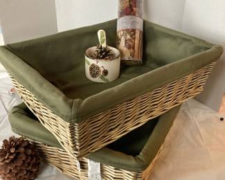Set of Two Pier 1 Wicker Fabric-Lined Baskets with Pinecone Decor and Potpourri
