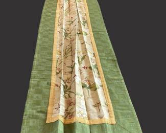 Ivory Lined Pleated Drapery Panel with Green Checkered Border