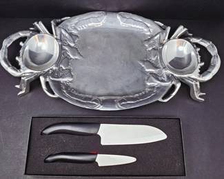 Cast Aluminum Crab Serving Platter w Shell Bowls & Kyocera Ceramic Knife Set