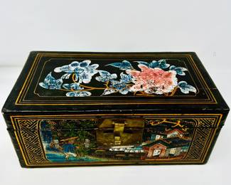 Antique Asian Lacquered Jewelry Box with Floral and Scenic Hand-Painted Designs
