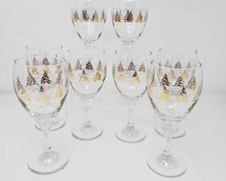 Set of 8 Dansk Gold Pine Goblets Stemmed Glasses Holiday Pattern