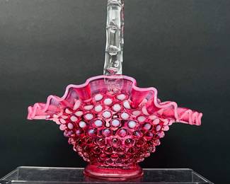 Vintage Cranberry Glass Hobnail Basket with Ruffled Edge and Clear Handle