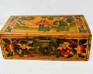 Antique Hand-Painted Wooden Jewelry Box with Brass Lock and Asian Motif