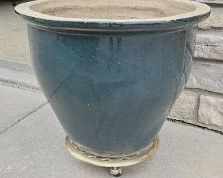 Large Glazed Ceramic Planter w/ Brass Rolling Plant Caddy Indoor Outdoor