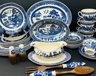 Lot #26- Vintage Johnson Bro's Blue and White Transferware "Willow" Set of Dinnerware