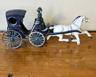 Antique Cast Iron Horse Drawn Carriage Toy w/ Driver Figure 14" Vintage