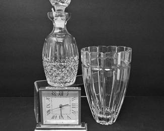 Crystal Vase, Cut Glass Decanter & Acrylic Table Clock 3pc Lot