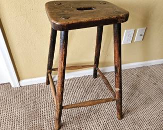 Antique Primitive Wooden Milking Stool w/ Turned Legs