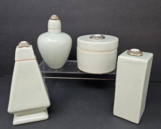 4 Pc Celadon Ceramic Decorative Jar Set – Mother of Pearl Lids – Designer Showroom