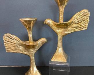 Set of Two Gold Metal Bird Candlestick Holders, 9½ Inches Tall