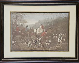 Vintage English Fox Hunt Scene Print – Framed Equestrian Wall Art w/ Hounds