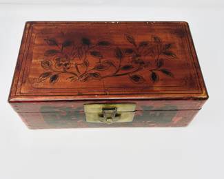 Antique Red Lacquered Wooden Jewelry Box with Brass Lock and Floral Design in Asian Style