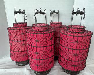 Set of Four Hanging Chinese Lanterns - Wire and Fabric in Fuchsia - 10” Tall