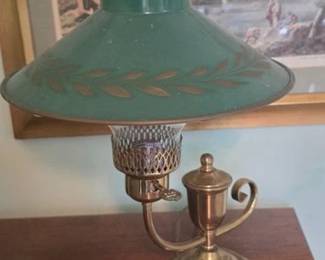 Vintage brass base lamp with a metal shade