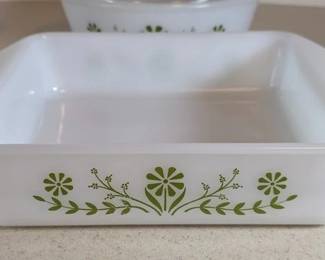Green Daisy pattern vintage Glasbake casseroles