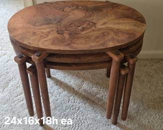 MCM oval nesting tables with burlwood-style tops