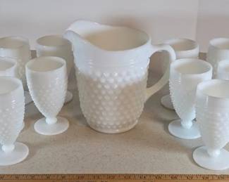 Hobnail milk glass pitcher and glasses set