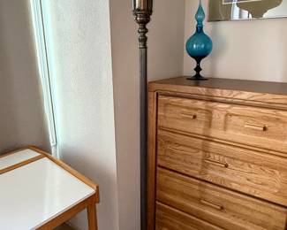 Vintage Art Deco Ribbed Glass Torchiere Floor Lamp with Marble Base