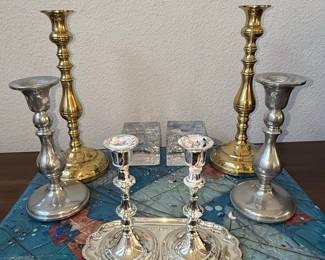 Assorted Candlesticks and Silver Tray with Hebrew Inscription