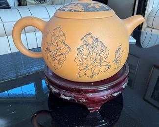 Yixing Zisha Clay Teapot with Calligraphy and Figural Decorations