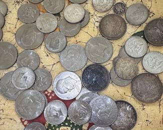 Collection of U.S. Silver Coins including Morgan Dollars, Walking Liberty Half Dollars, Kennedy Half Dollars, and Eisenhower Dollars