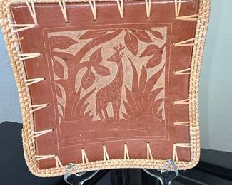 Hand-Carved Wooden Decorative Plate with Woven Rattan Border - Giraffe Motif