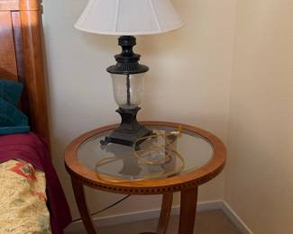 Vintage Table Lamp with Glass Hurricane Shade and Wood Side Table