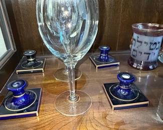 Set of 4 Cobalt Blue and Black Ceramic Candlestick Holders with Gold Trim and a Large Crystal Wine Glass