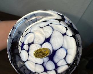 Murano Style Cobalt Blue and White Spatter Glass Vase