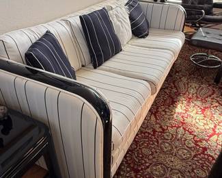 Art Deco Style Striped Sofa with Black Lacquered Arms