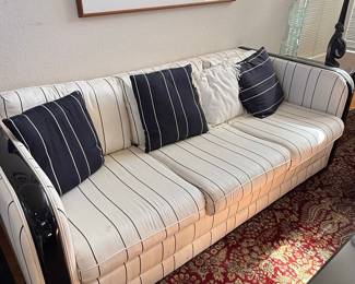 Art Deco Style Striped Sofa with Black Lacquered Arms