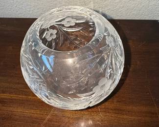 Vintage Etched Floral Crystal Rose Bowl Vase
