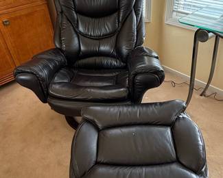 Black Leather Swivel Recliner and Ottoman Set