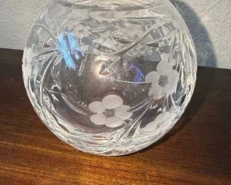 Vintage Etched Floral Crystal Rose Bowl Vase