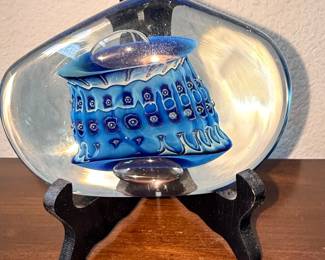 Glass Paperweight with Blue Millefiori Design