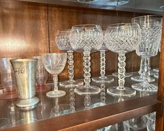 Cut Crystal Wine Glasses with Hobnail Stem and Pewter Kiddush Cup